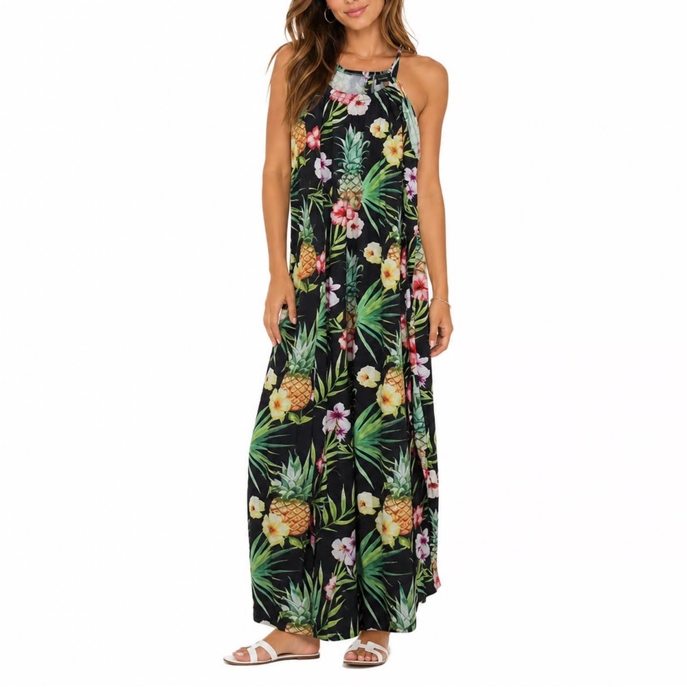For G and PL Tropical Pineapple Floral Halter Maxi Dress Black Womens Medium